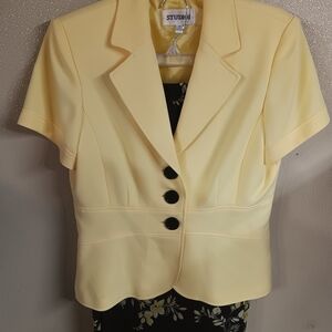 StudioWomen's Soft Yellow Blazer with Black Accents Black Floral Skirt Size10